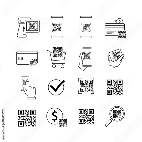 QR Code Icons: Payment, Scanning, Mobile, Shopping, Technology - Isolated