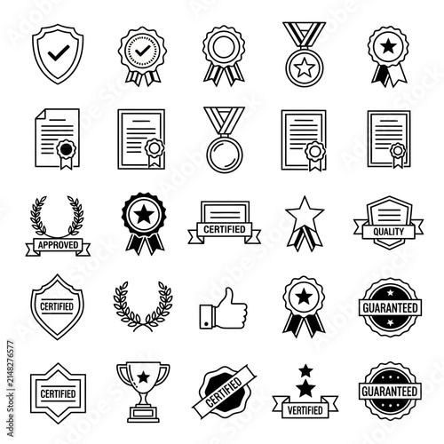 Quality Assurance Icons: Badges, Seals, Medals, Certificates, Trophies