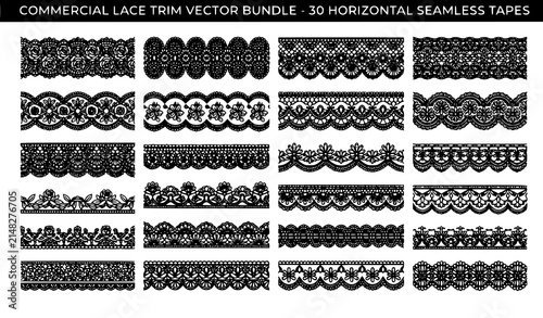 Professional Seamless Lace Trim Border Vector Illustration Bundle with Crochet Ribbon Decorative Tape and Floral Fashion Patterns