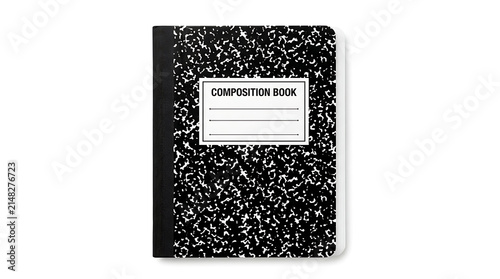 Black and white composition notebook. Classic marble pattern school journal on white background.