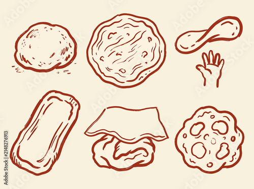 Artisanal Hand-Drawn Dough and Flatbread Shapes Collection Illustrating Various Stages of Culinary Preparation and Baking Processes