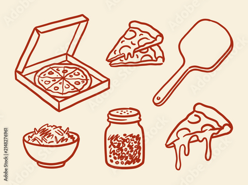 Hand-drawn pizza collection with slices, delivery box, wooden peel, spice shaker, and cheese bowl. Ideal for restaurant menus and Italian food graphics