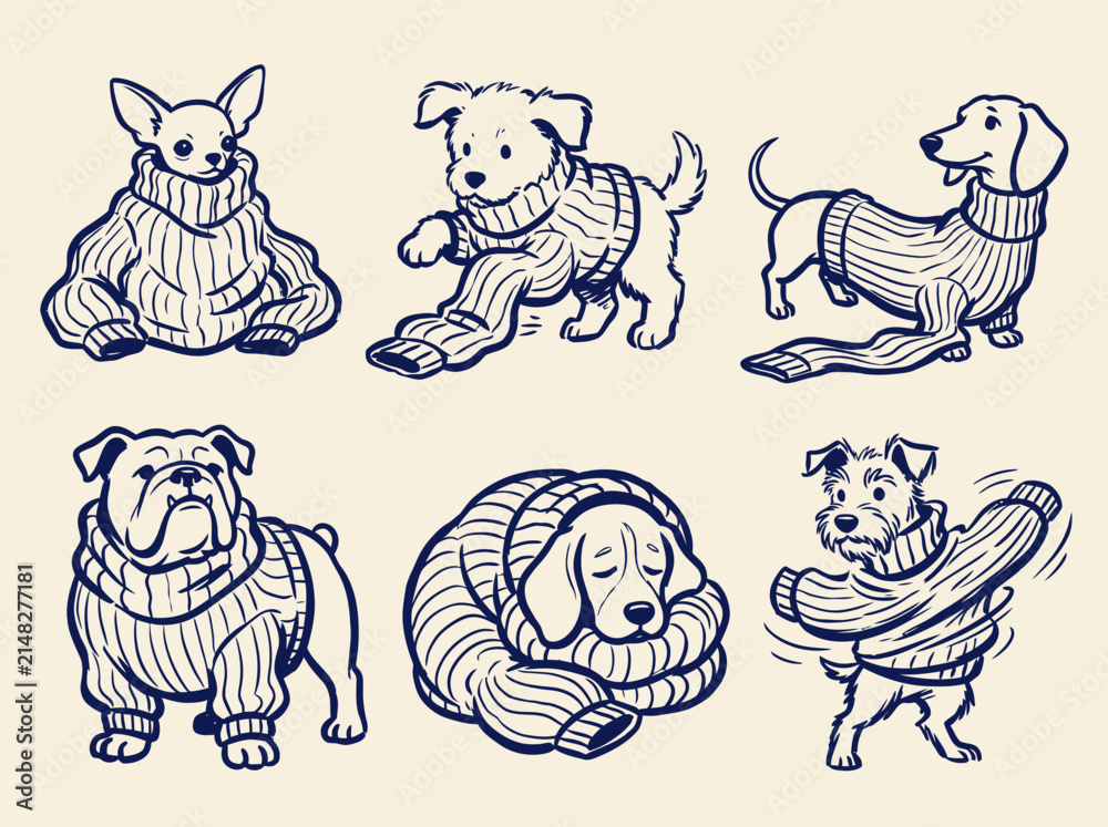 Obraz premium Cute hand-drawn illustrations of dogs in cozy sweaters, showcasing a variety of breeds enjoying winter comfort