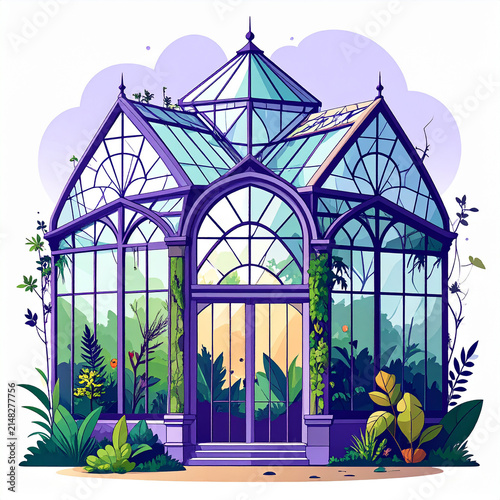 Overgrown Victorian Conservatory with Glass Roof and Lush Plants, Abandoned Purple Greenhouse Botanical Garden Building, Gothic Glasshouse Flat Vector Illustration