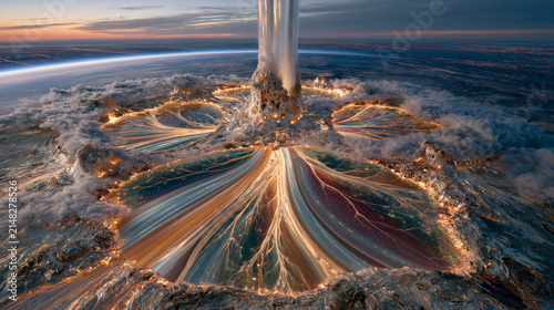 Colossal Celestial Waterfall Over a Glowing Planet at Twilight