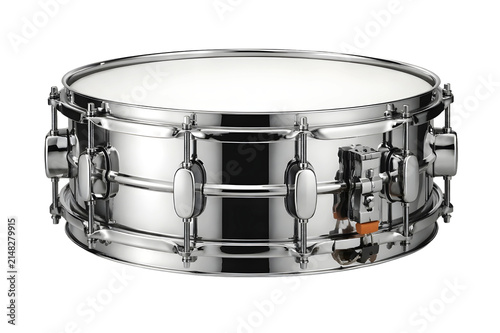 Stainless Steel Snare Drum Isolated on White Background Musical Instrument Concept