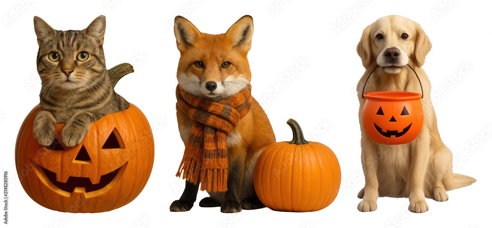 Fototapeta premium PNG Cute animals with pumpkins in Halloween theme, transparent background