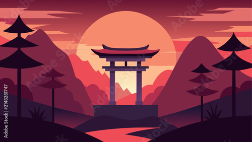 Картината върху платно Traditional japanese torii gate at sunset
