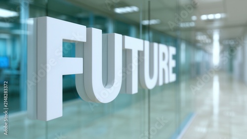Modern glass office interior featuring large three-dimensional letters spelling future, symbolizing innovation, progress, business transformation and emerging technology in a clean corporate environme