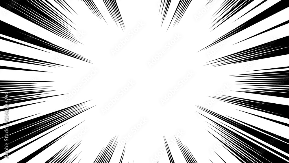 Fototapeta premium Black manga speed lines radiating inward on white center background.