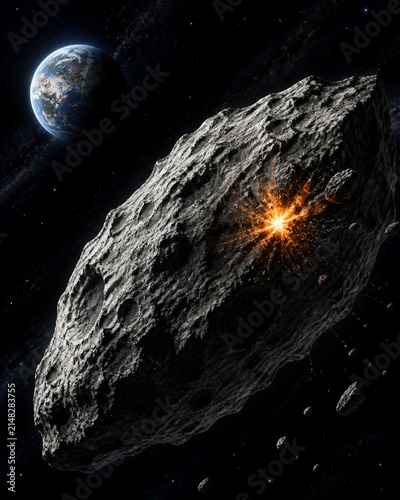 Large grey asteroid with orange explosion on surface, Earth in dark starry space, cosmic impact and danger concept