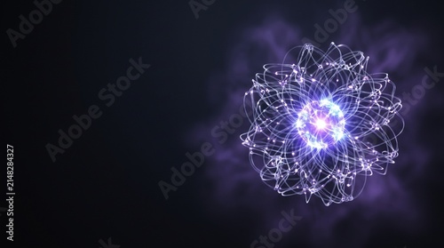 Abstract Quantum Energy Particle with Glowing Atomic Structure on Dark Background