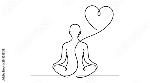 Minimalist one line drawing of a person sitting in meditation pose with heart shape above