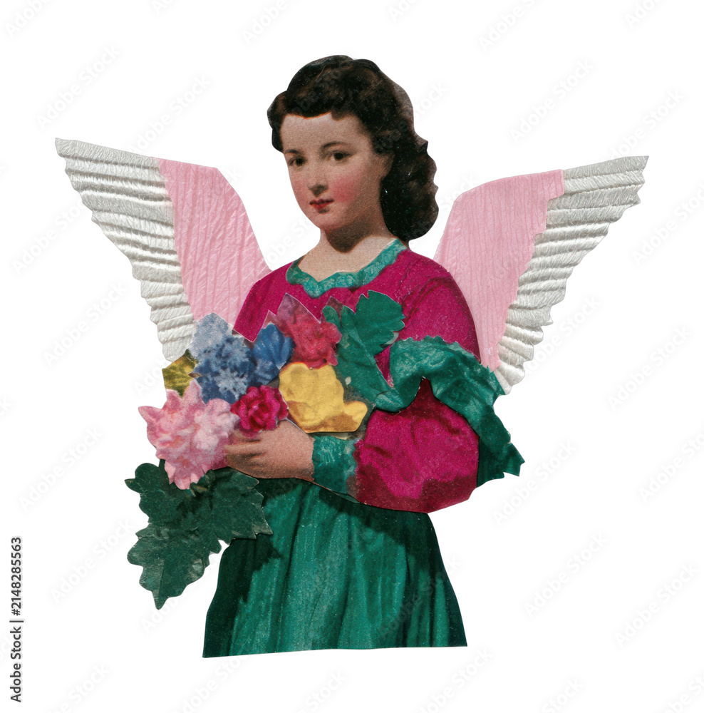 Fototapeta premium PNG Vintage angel with flowers and colorful wings