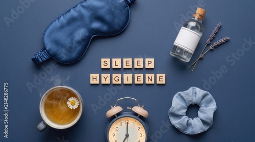 Items promoting good sleep hygiene on a blue background, including a sleep mask, herbal tea, alarm clock, essential oil, lavender, and a scrunchie.