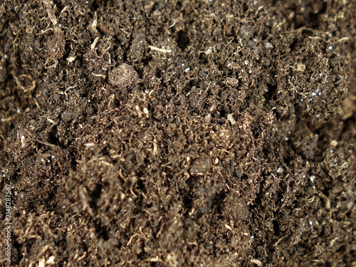 Potting soil, substrate used to grow plants in containers, top view, background