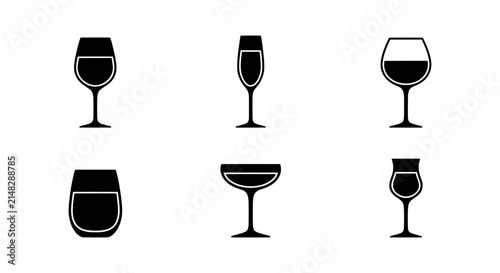 Six Vector Wine Glasses Collection, Barware Icons, Beverage Drinkware Silhouettes