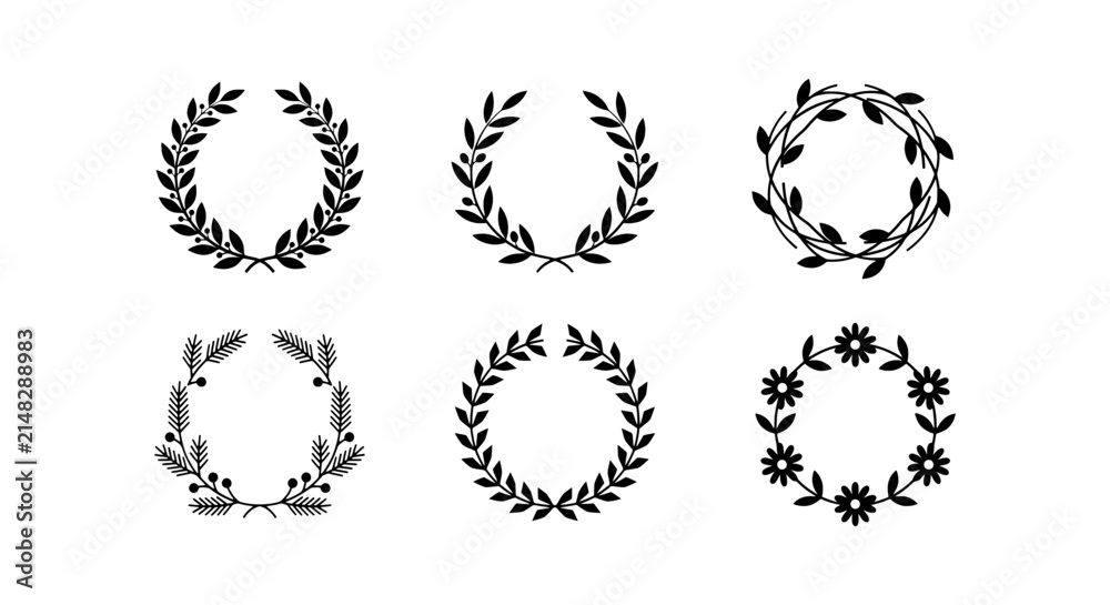 Fototapeta premium Laurel Wreath Vector Icons, Decorative Floral Frames, Vintage Award Emblems, Set of 6