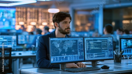 Software engineer monitoring data analytics in modern office