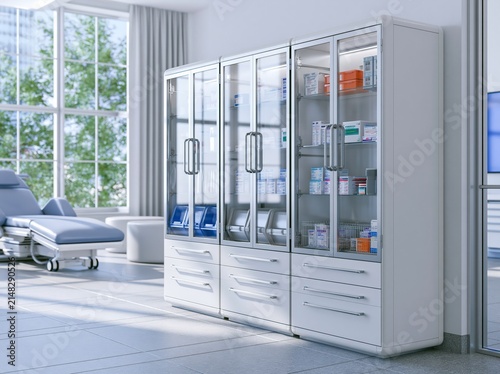 Modern medical supply cabinet in bright clinic room with glass fronts and organized supplies