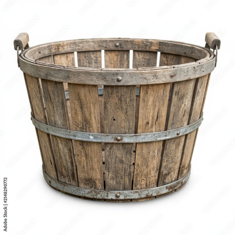 Fototapeta premium Rustic wooden barrel planter for home decor. Vintage oak half barrel used as garden container or rustic centerpiece.