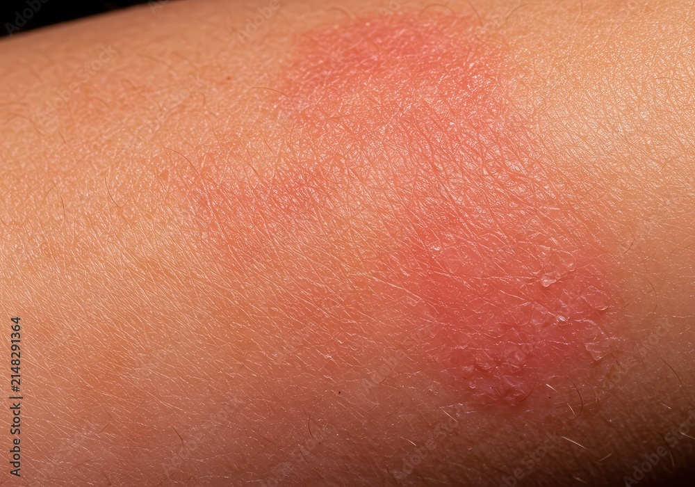 Fototapeta premium Extreme close-up of severely sunburnt skin, displaying painful redness and early signs of peeling damage from intense summer heat exposure ,tropical ,vacation ,texture