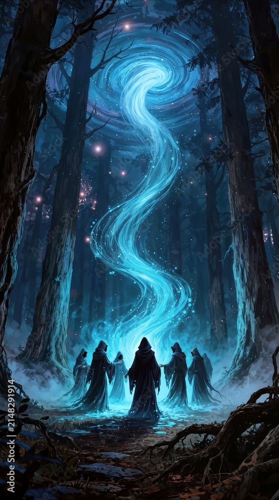 Fototapeta premium Cultists summoning magical energy in dark forest. Hooded figures performing mystical ritual with blue swirling light.