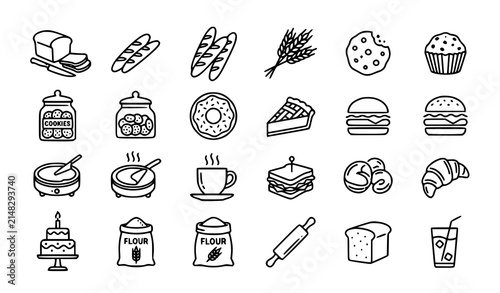 Bakery food line icon collection with bread pastry and breakfast symbols editable stroke vector