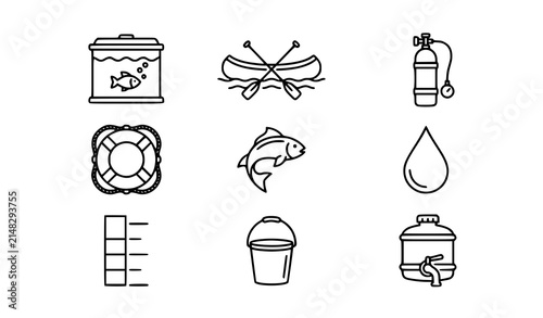Minimal water thin line icon set with aquatic resources and marine symbols vector design