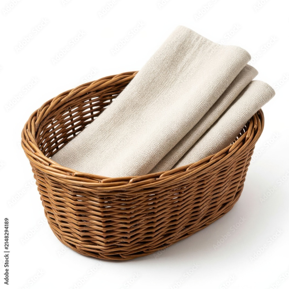 Obraz premium Wicker laundry basket filled with folded white towels. Clean bathroom linens neatly stacked in natural woven hamper for home spa decor.