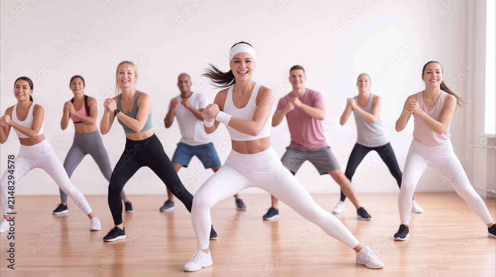 Obraz premium Gym members performing side lunges during group fitness class. Multiethnic people exercising together in bright studio with wooden floor.