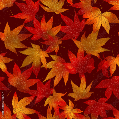 Autumn Japanese Maple Leaves on Warm Red Background, Seasonal Nature Pattern
