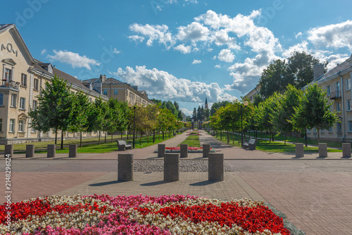 Obraz na plátně Urban avenue flower beds trees bollards benches buildings blue sky sunny day