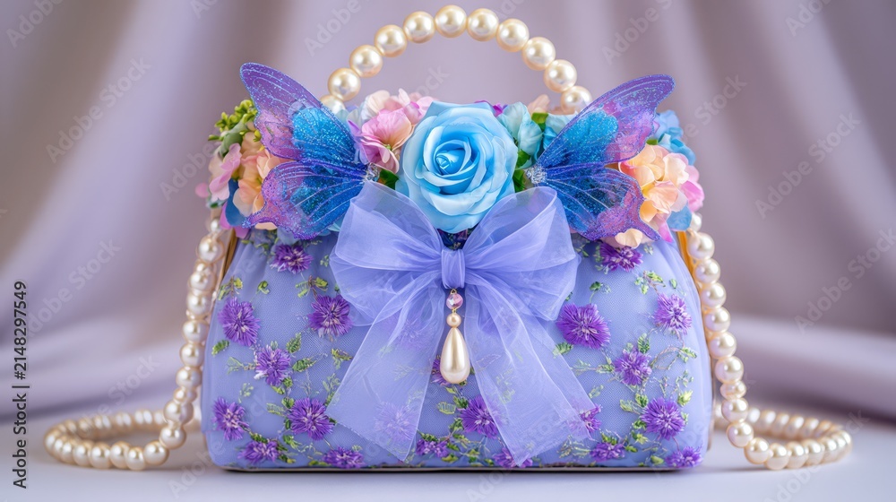 Fototapeta premium Lavender fantasy handbag decorated with flowers, pearls, butterfly wings and a delicate bow, representing feminine fashion, whimsical luxury and romantic accessories.