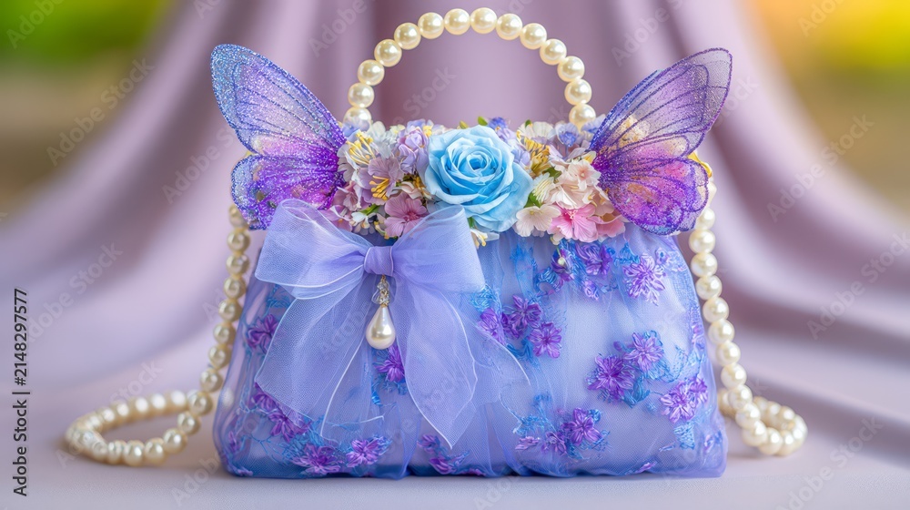 Fototapeta premium Lavender fantasy handbag decorated with flowers, pearls, butterfly wings and a delicate bow, representing feminine fashion, whimsical luxury and romantic accessories.