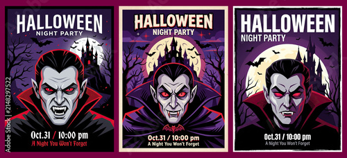 Vampire posters collection for Halloween night party events with castle, full moon, bats and scary dracula character on dark background.