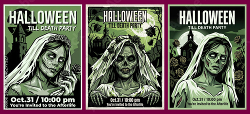 Ghostly zombie bride Halloween party flyers with haunted church and moon background for October 31st invitation designs.