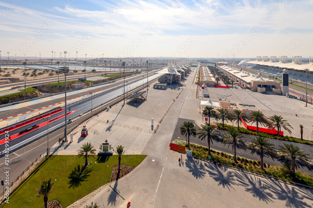 Obraz premium View from the top floor of the VIP Sakhir Tower, of the main straight and grandstand at Bahrain International Circuit on January 11 2024 in Sakhir, Bahrain.