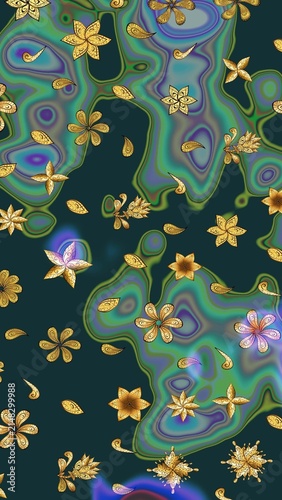 Raster oriental ornament. Traditional classic golden pattern. Golden pattern on blue, green and yellow colors with golden elements. Seamless oriental ornament in the style of baroque.