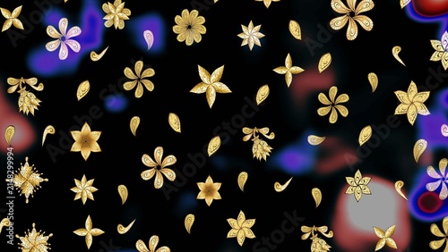 Traditional classic raster golden seamless pattern. Seamless oriental ornament in the style of baroque. Golden elements on black, brown and blue colors.