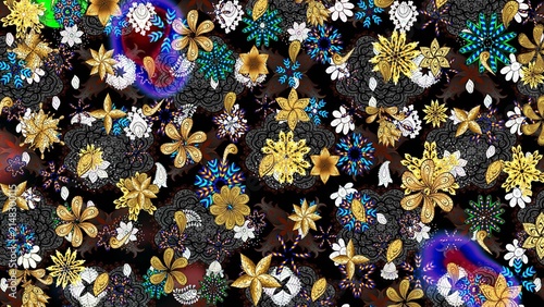 Traditional classic golden raster pattern on black, gray and brown colors with golden elements. Seamless oriental ornament in the style of baroque.