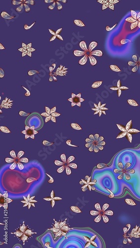 Vintage seamless pattern on a violet, neutral and purple colors with golden elements. Raster illustration.