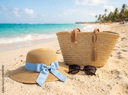 Straw beach hat and tote bag with sunglasses resting on the sand at a tropical beach