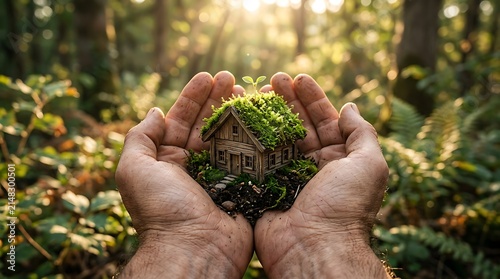 Close up of human hands holding a small house