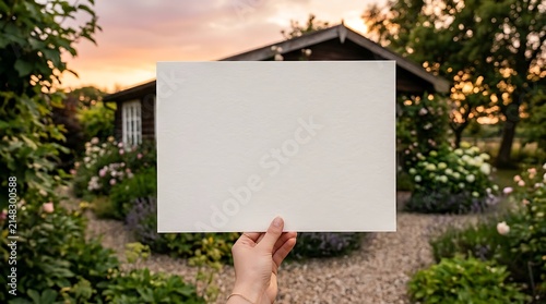 Hand holding a blank white sign in front of a cozy garden shed at sunset