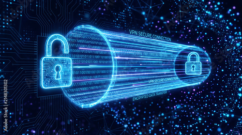 Cybersecurity concept of VPN secure connection with encrypted data transfer tunnel and padlock icon in digital network background