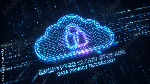 Glowing neon cloud with padlock representing encrypted cloud storage and cyber security technology