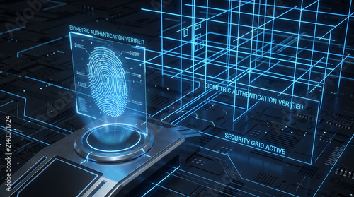 Futuristic biometric fingerprint scanning and digital security grid technology concept illustration
