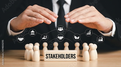 Businessman hands protecting stakeholder wooden blocks representing corporate responsibility and business management