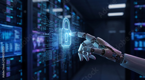Artificial Intelligence Robotic Hand Activating Digital Security Lock System in Advanced Server Room Data Center Environment